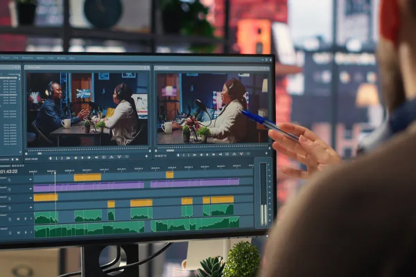 Editor bewerkt de opname op een montagetijdlijn met twee camerastandpunten, de basis voor marketingcontent uit één productiedag.
