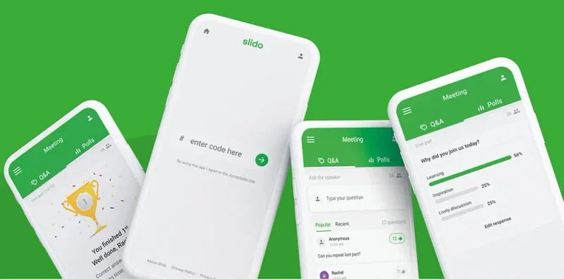 Telefoonschermen met een interactieve app voor polls en vragen, op een groene achtergrond.