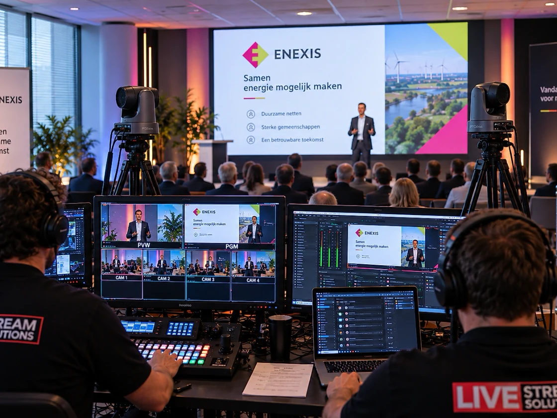 Twee technici van Livestream Solutions bedienen de regie met multiview-monitoren en beeldmengpaneel tijdens de livestream van een bedrijfsbijeenkomst.