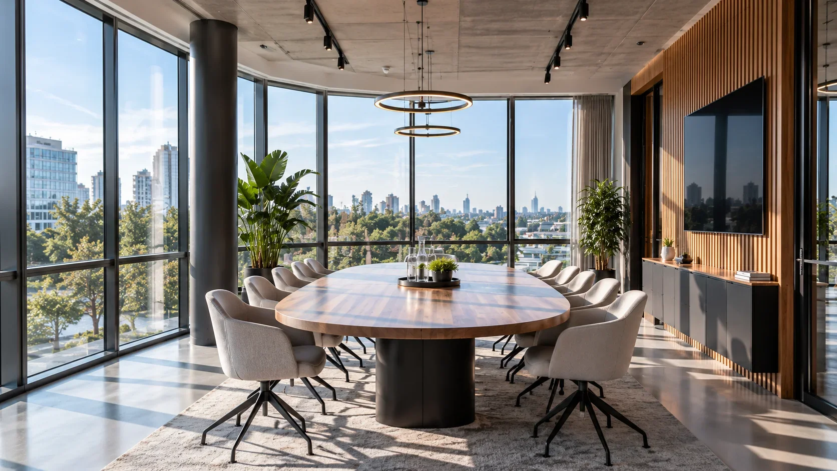 Vergaderruimte met ovale tafel en uitzicht over de stad, voordat de broadcastproductie wordt opgebouwd.