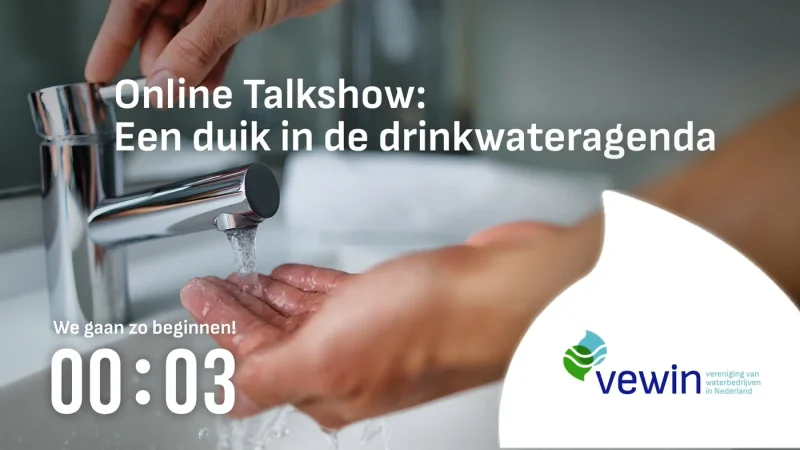 Openingsbeeld van de online talkshow van Vewin, met de titel Een duik in de drinkwateragenda en een aftelklok.