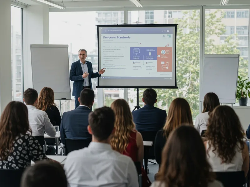 Trainer geeft uitleg bij een presentatiescherm terwijl een zaal vol deelnemers de kennissessie volgt.